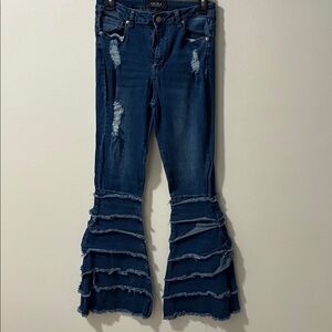AKIRA Dark Blue Distressed Tiered Ruffle Flare Jeans